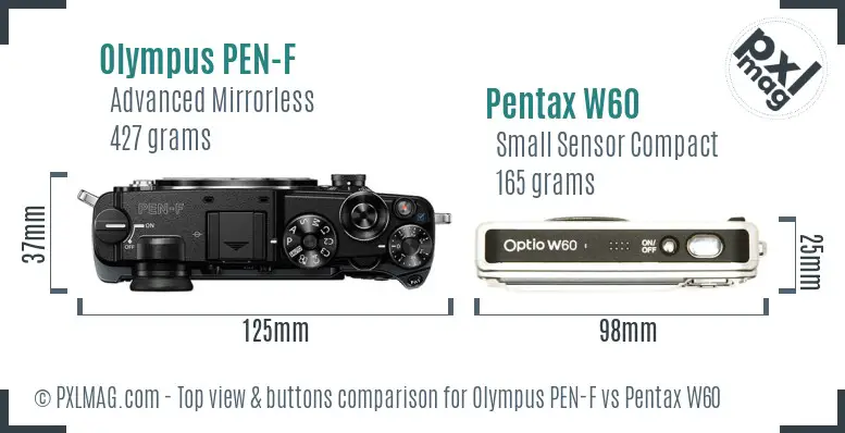 Olympus PEN-F vs Pentax W60 top view buttons comparison