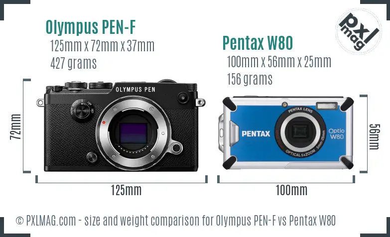 Olympus PEN-F vs Pentax W80 size comparison