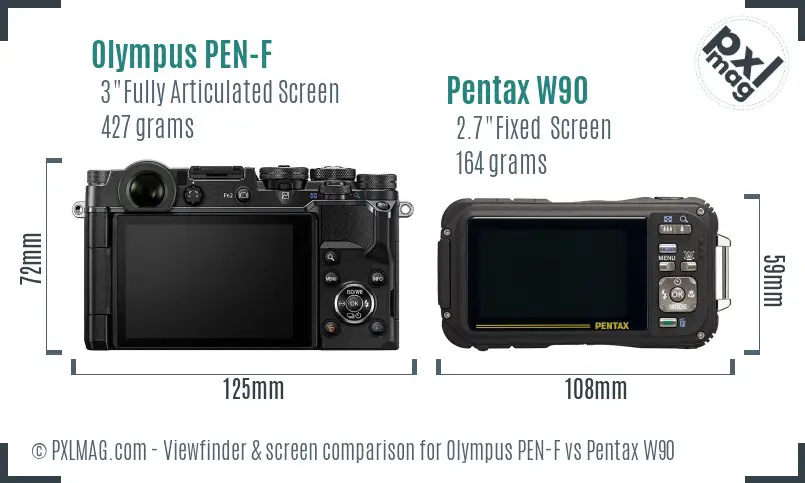 Olympus PEN-F vs Pentax W90 Screen and Viewfinder comparison