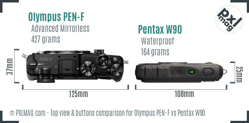 Olympus PEN-F vs Pentax W90 top view buttons comparison