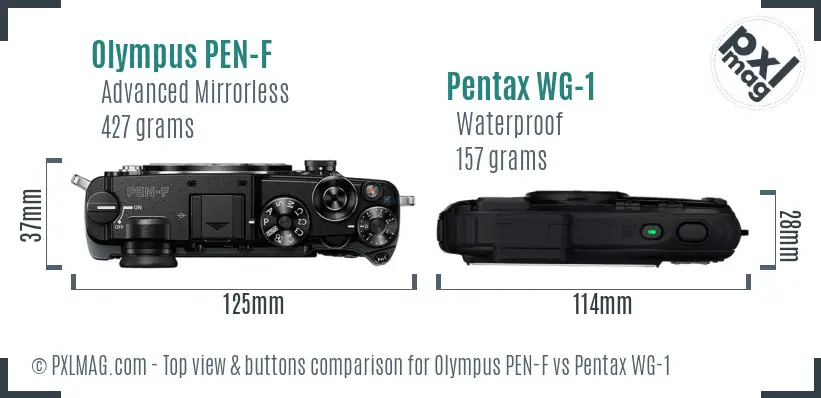 Olympus PEN-F vs Pentax WG-1 top view buttons comparison