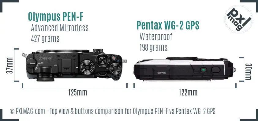 Olympus PEN-F vs Pentax WG-2 GPS top view buttons comparison