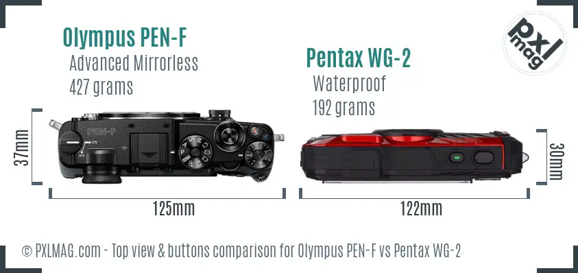 Olympus PEN-F vs Pentax WG-2 top view buttons comparison