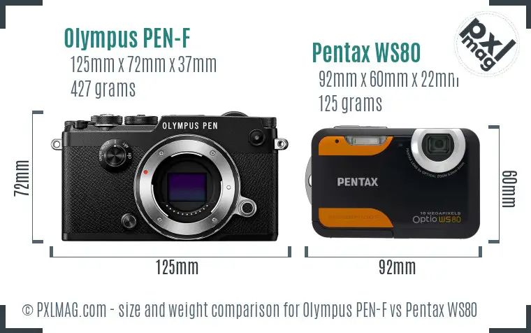 Olympus PEN-F vs Pentax WS80 size comparison