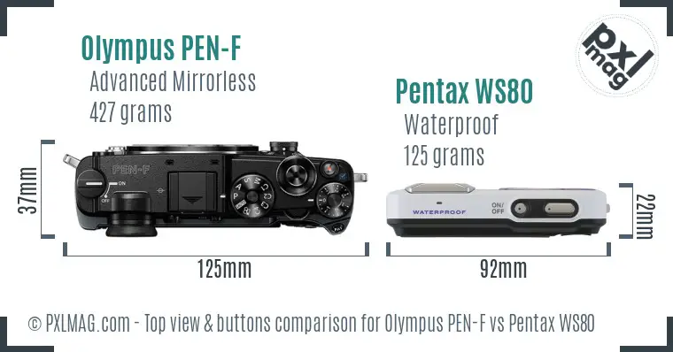 Olympus PEN-F vs Pentax WS80 top view buttons comparison