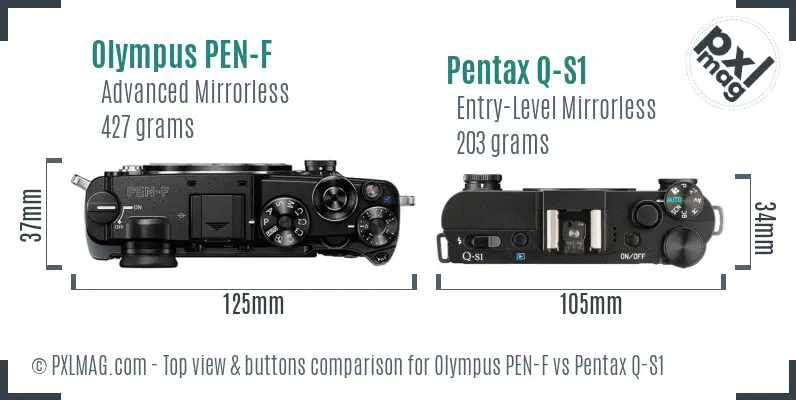 Olympus PEN-F vs Pentax Q-S1 top view buttons comparison