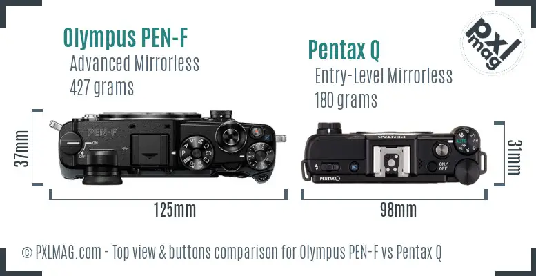 Olympus PEN-F vs Pentax Q top view buttons comparison