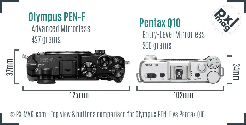 Olympus PEN-F vs Pentax Q10 top view buttons comparison