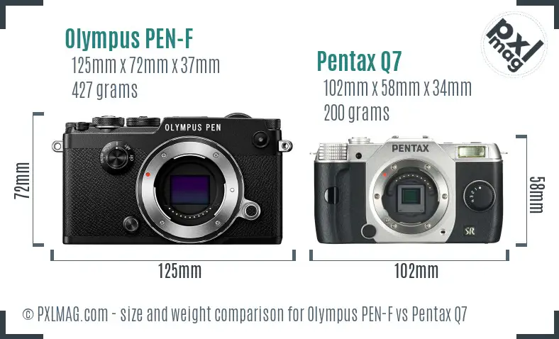 Olympus PEN-F vs Pentax Q7 size comparison