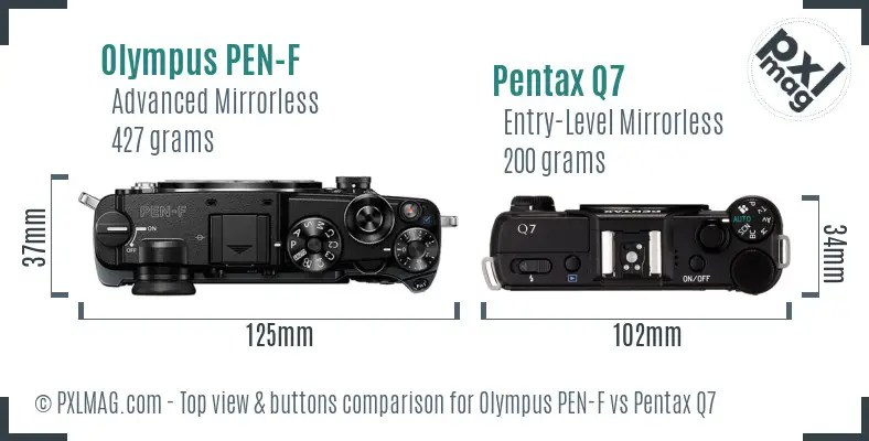 Olympus PEN-F vs Pentax Q7 top view buttons comparison