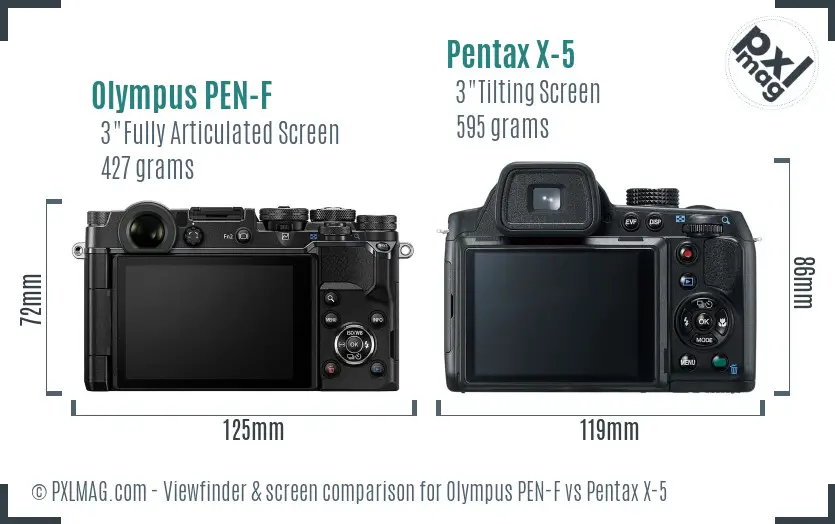 Olympus PEN-F vs Pentax X-5 Screen and Viewfinder comparison