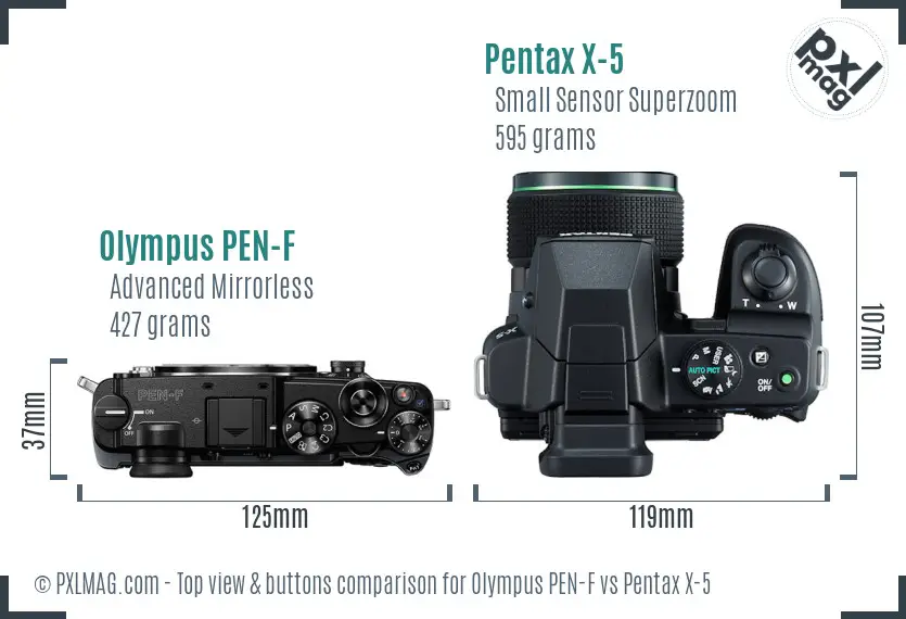 Olympus PEN-F vs Pentax X-5 top view buttons comparison