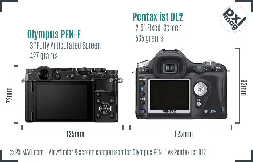 Olympus PEN-F vs Pentax ist DL2 Screen and Viewfinder comparison