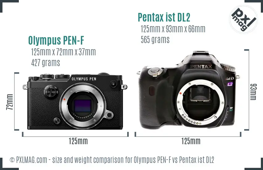 Olympus PEN-F vs Pentax ist DL2 size comparison