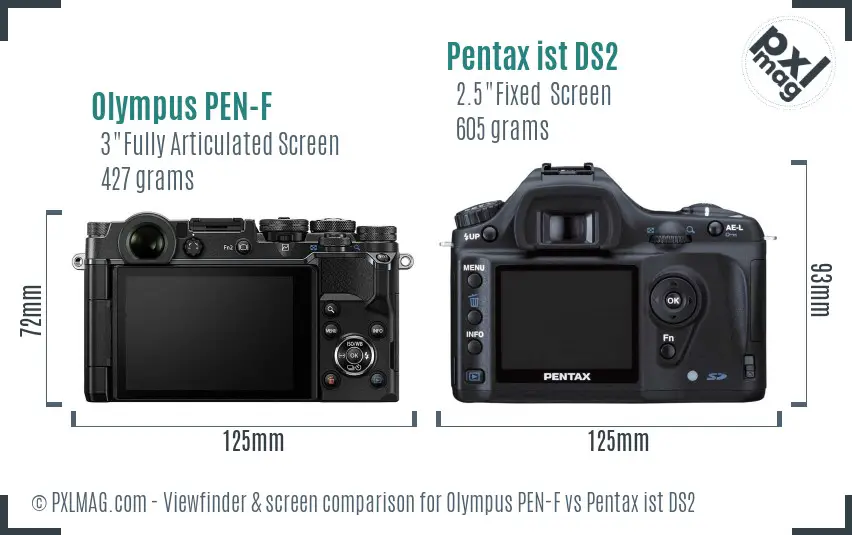 Olympus PEN-F vs Pentax ist DS2 Screen and Viewfinder comparison