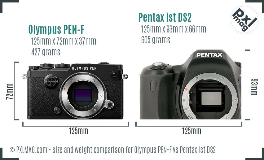 Olympus PEN-F vs Pentax ist DS2 size comparison
