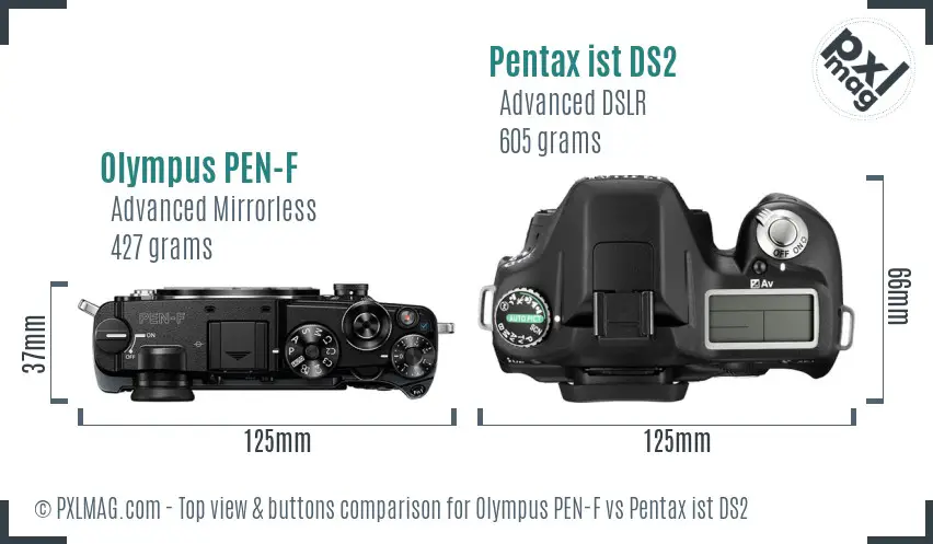 Olympus PEN-F vs Pentax ist DS2 top view buttons comparison