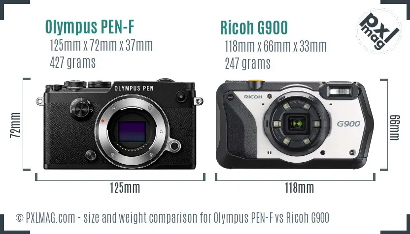 Olympus PEN-F vs Ricoh G900 size comparison