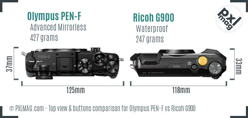 Olympus PEN-F vs Ricoh G900 top view buttons comparison