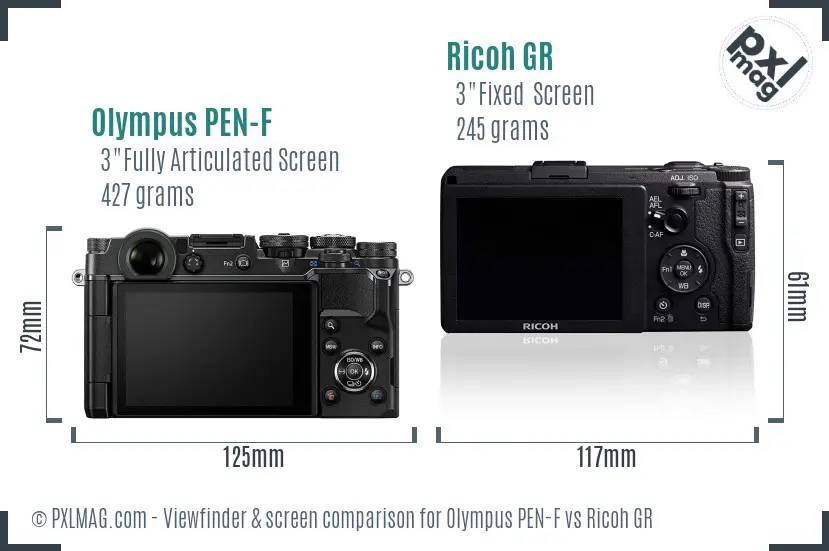 Olympus PEN-F vs Ricoh GR Screen and Viewfinder comparison