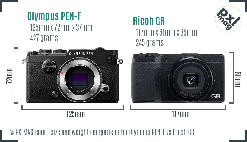 Olympus PEN-F vs Ricoh GR size comparison