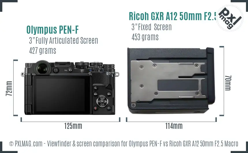 Olympus PEN-F vs Ricoh GXR A12 50mm F2.5 Macro Screen and Viewfinder comparison