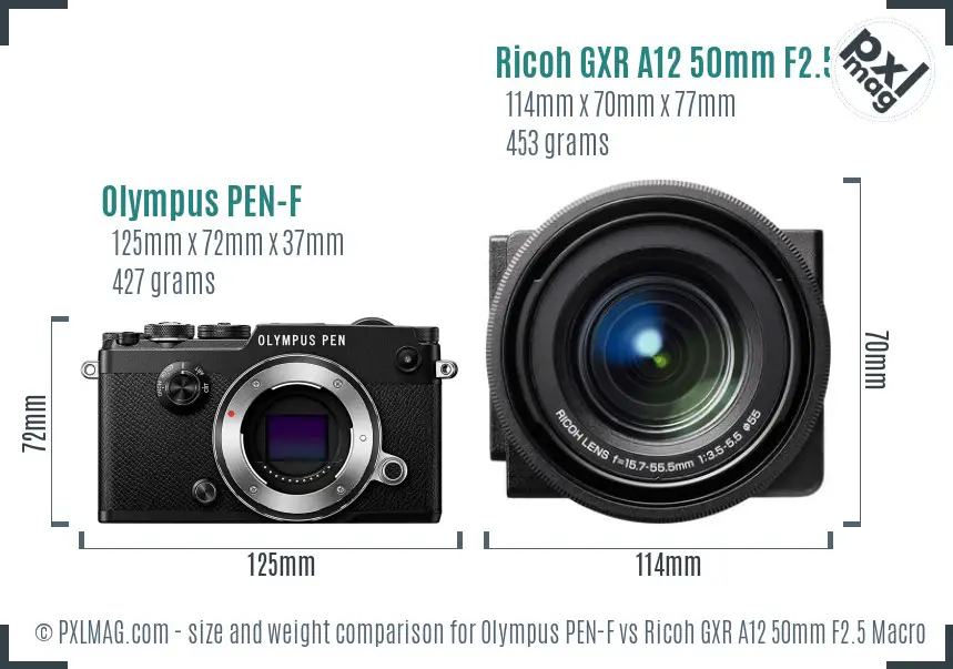 Olympus PEN-F vs Ricoh GXR A12 50mm F2.5 Macro size comparison