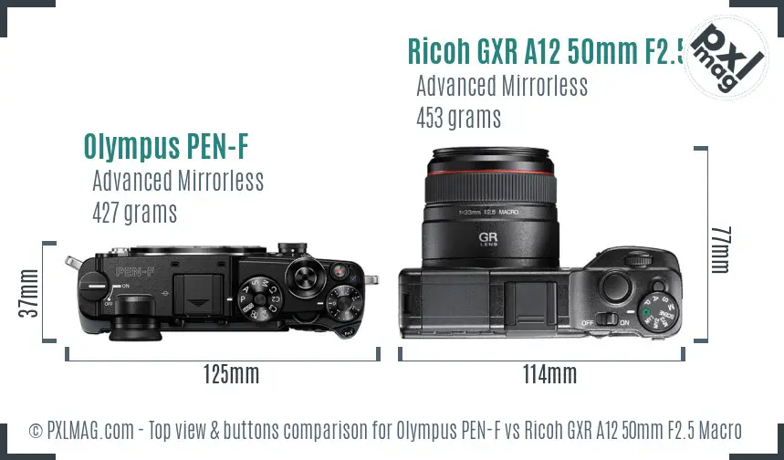 Olympus PEN-F vs Ricoh GXR A12 50mm F2.5 Macro top view buttons comparison