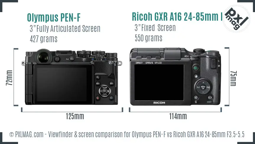 Olympus PEN-F vs Ricoh GXR A16 24-85mm F3.5-5.5 Screen and Viewfinder comparison