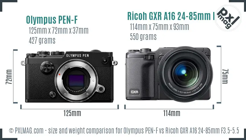 Olympus PEN-F vs Ricoh GXR A16 24-85mm F3.5-5.5 size comparison