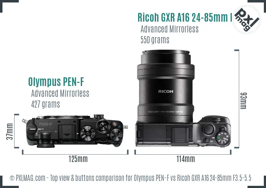 Olympus PEN-F vs Ricoh GXR A16 24-85mm F3.5-5.5 top view buttons comparison