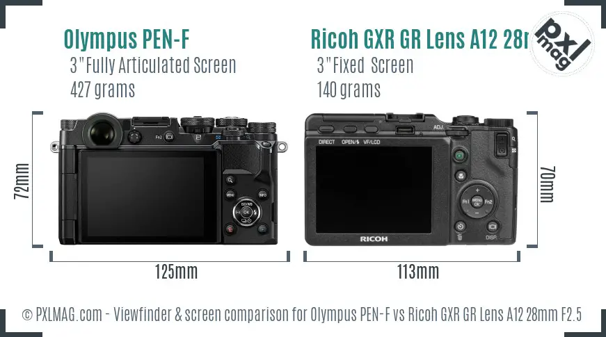 Olympus PEN-F vs Ricoh GXR GR Lens A12 28mm F2.5 Screen and Viewfinder comparison