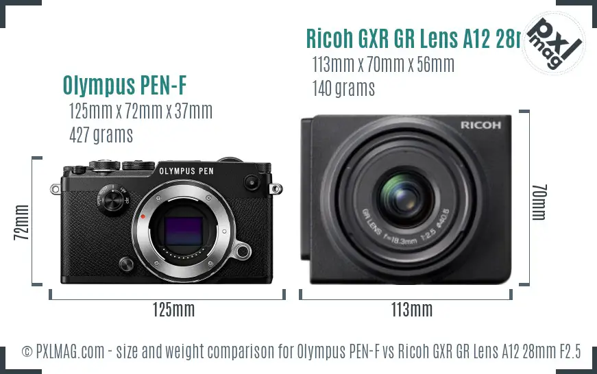 Olympus PEN-F vs Ricoh GXR GR Lens A12 28mm F2.5 size comparison