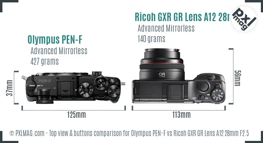 Olympus PEN-F vs Ricoh GXR GR Lens A12 28mm F2.5 top view buttons comparison