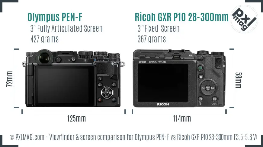 Olympus PEN-F vs Ricoh GXR P10 28-300mm F3.5-5.6 VC Screen and Viewfinder comparison