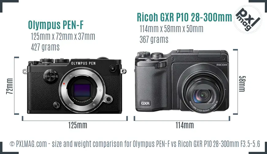 Olympus PEN-F vs Ricoh GXR P10 28-300mm F3.5-5.6 VC size comparison