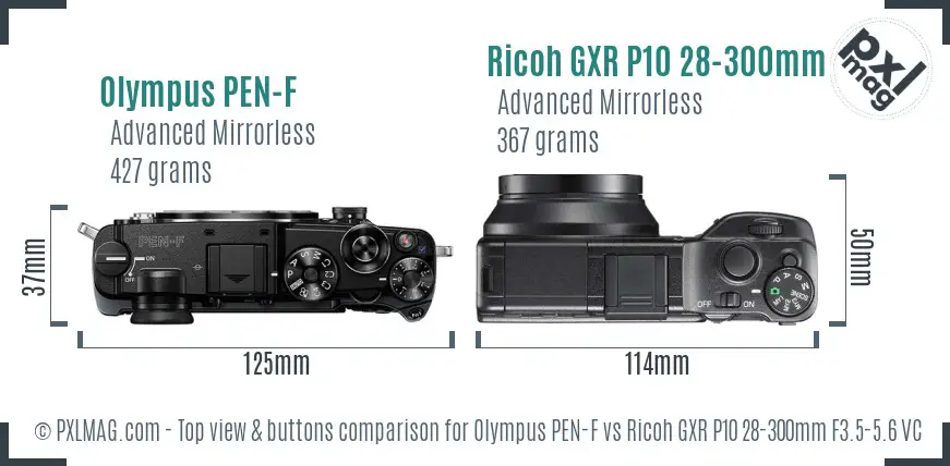 Olympus PEN-F vs Ricoh GXR P10 28-300mm F3.5-5.6 VC top view buttons comparison