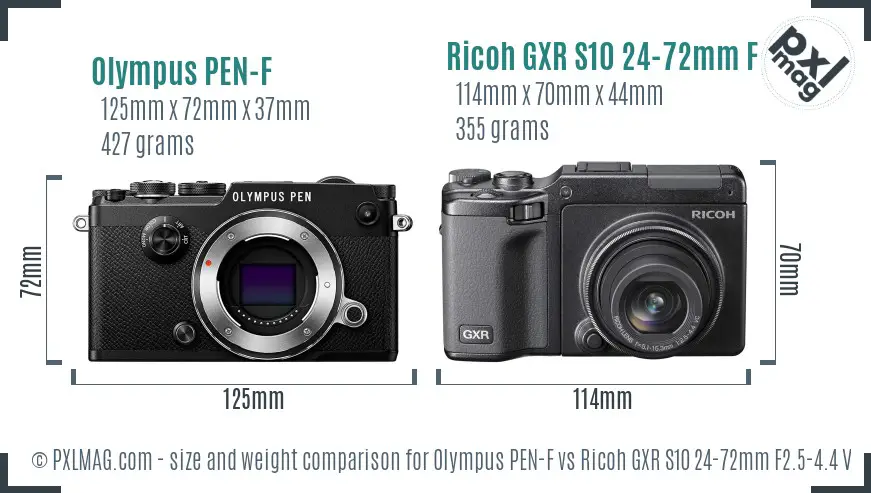 Olympus PEN-F vs Ricoh GXR S10 24-72mm F2.5-4.4 VC size comparison