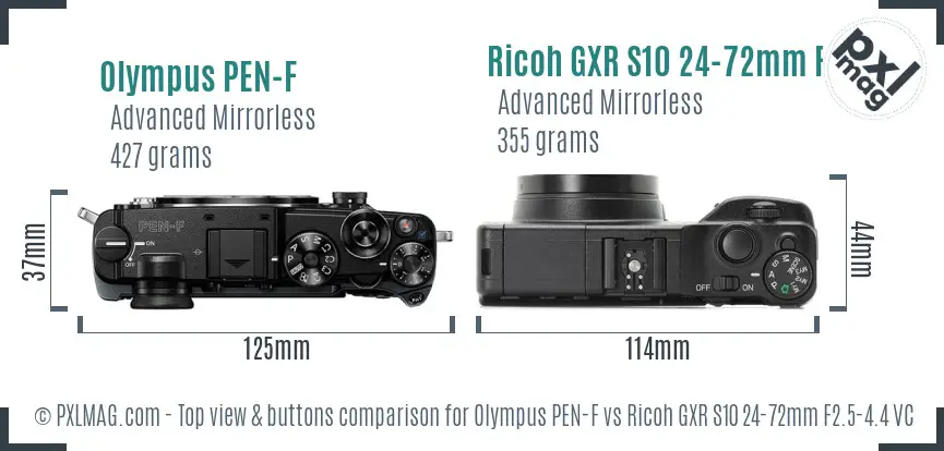 Olympus PEN-F vs Ricoh GXR S10 24-72mm F2.5-4.4 VC top view buttons comparison