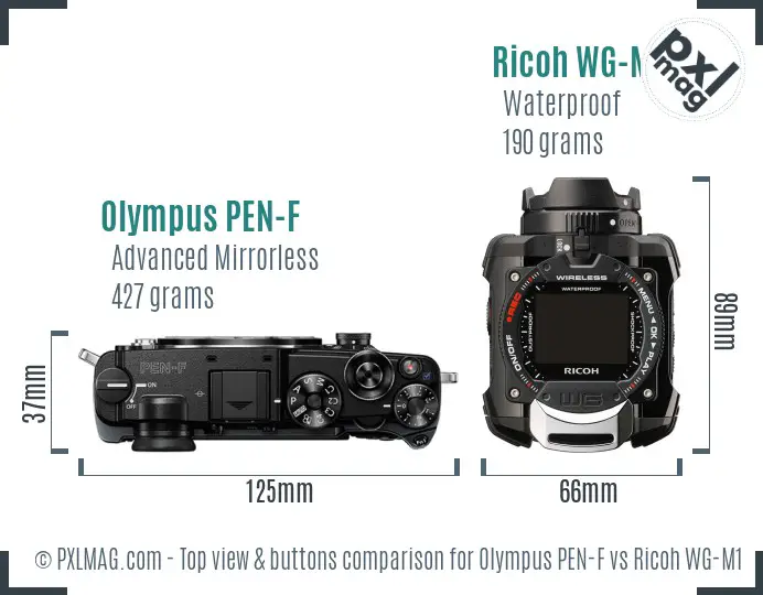 Olympus PEN-F vs Ricoh WG-M1 top view buttons comparison