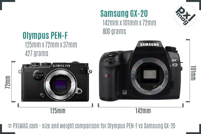 Olympus PEN-F vs Samsung GX-20 size comparison