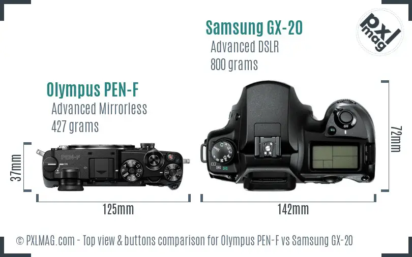 Olympus PEN-F vs Samsung GX-20 top view buttons comparison
