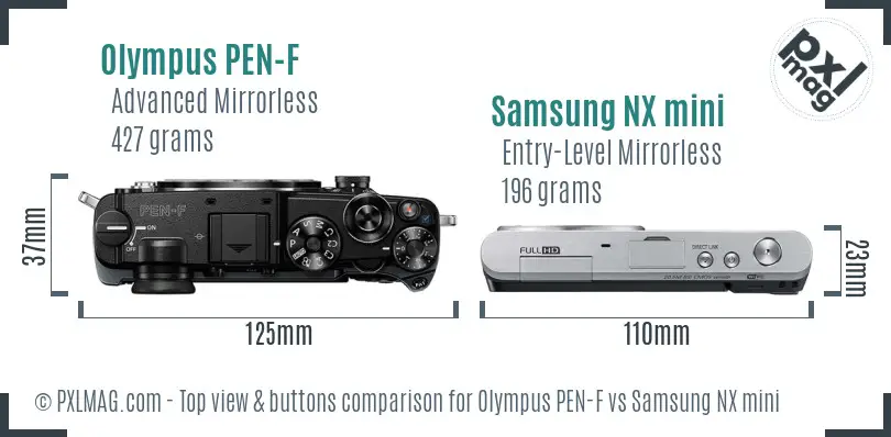 Olympus PEN-F vs Samsung NX mini top view buttons comparison