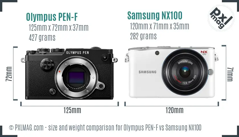 Olympus PEN-F vs Samsung NX100 size comparison