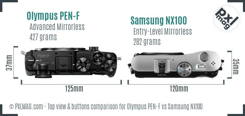 Olympus PEN-F vs Samsung NX100 top view buttons comparison