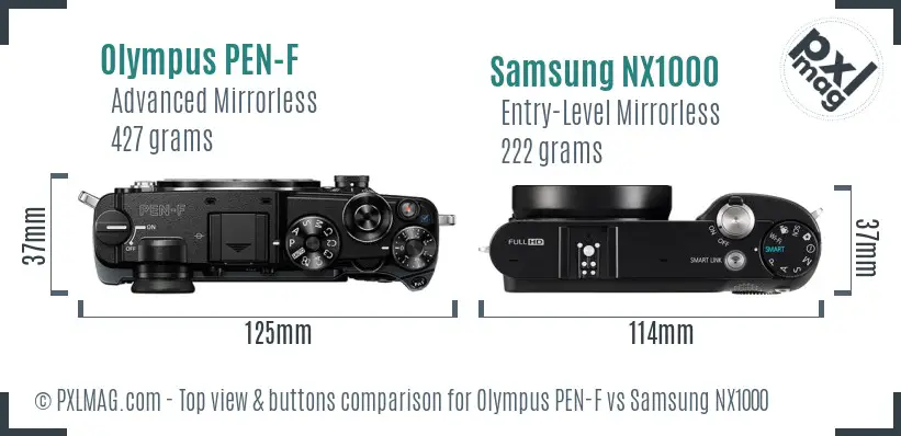 Olympus PEN-F vs Samsung NX1000 top view buttons comparison
