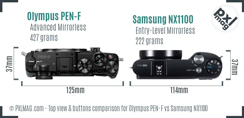 Olympus PEN-F vs Samsung NX1100 top view buttons comparison