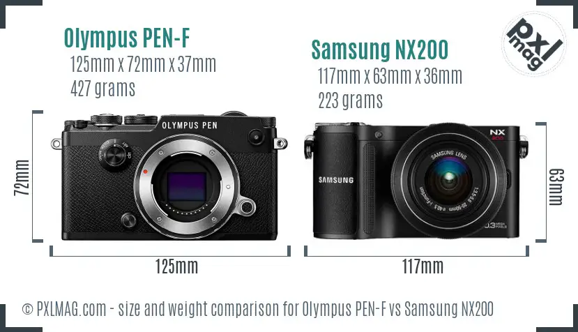 Olympus PEN-F vs Samsung NX200 size comparison