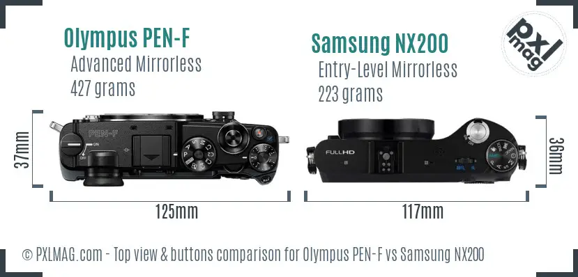 Olympus PEN-F vs Samsung NX200 top view buttons comparison