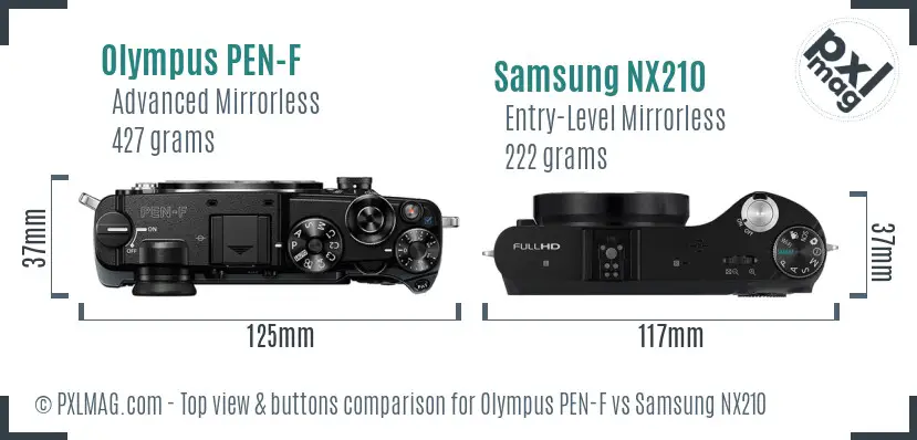 Olympus PEN-F vs Samsung NX210 top view buttons comparison